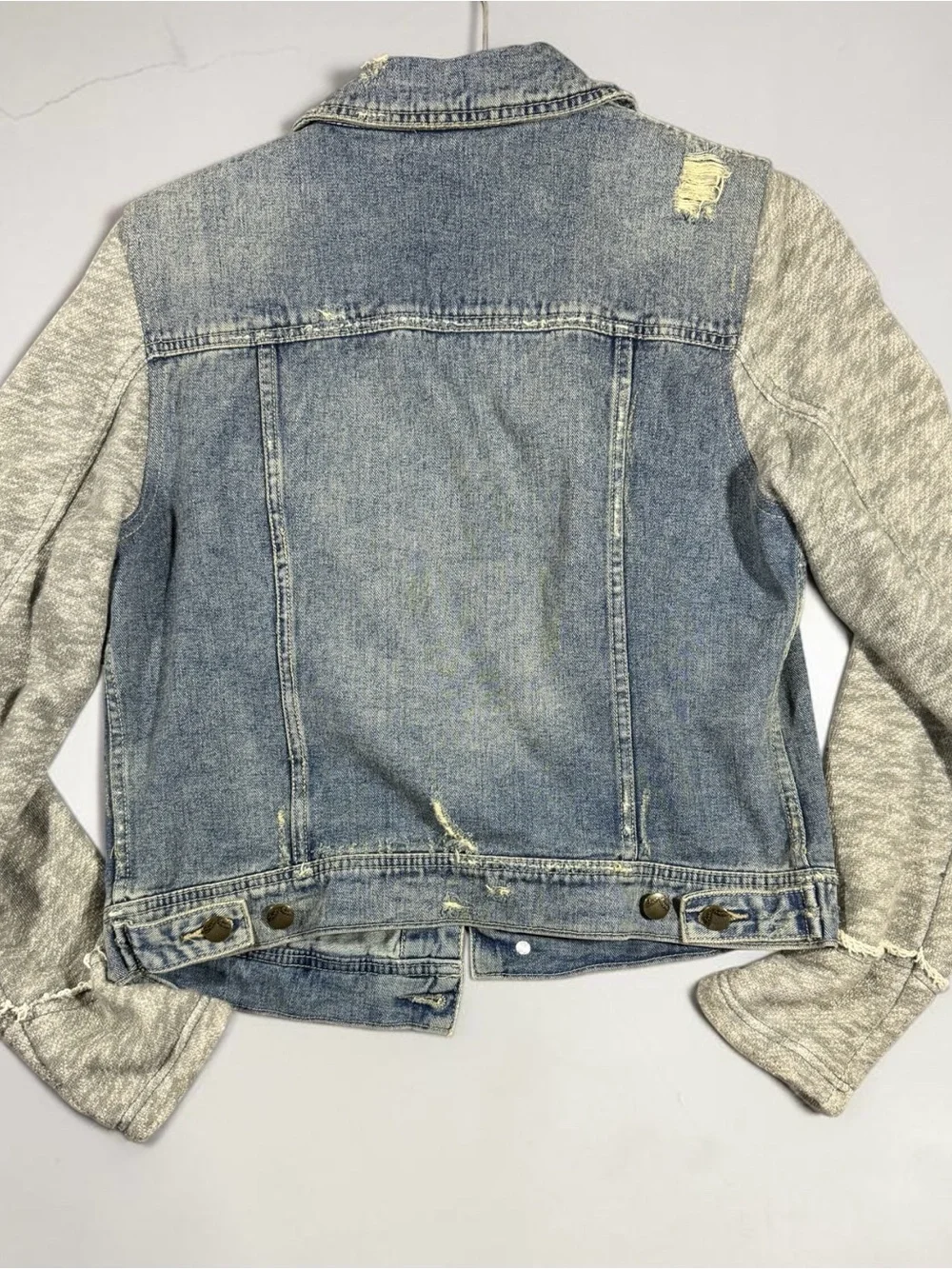 Free People Light Blue Denim Jacket with Gray Knit Sleeves - Picture 4 of 8